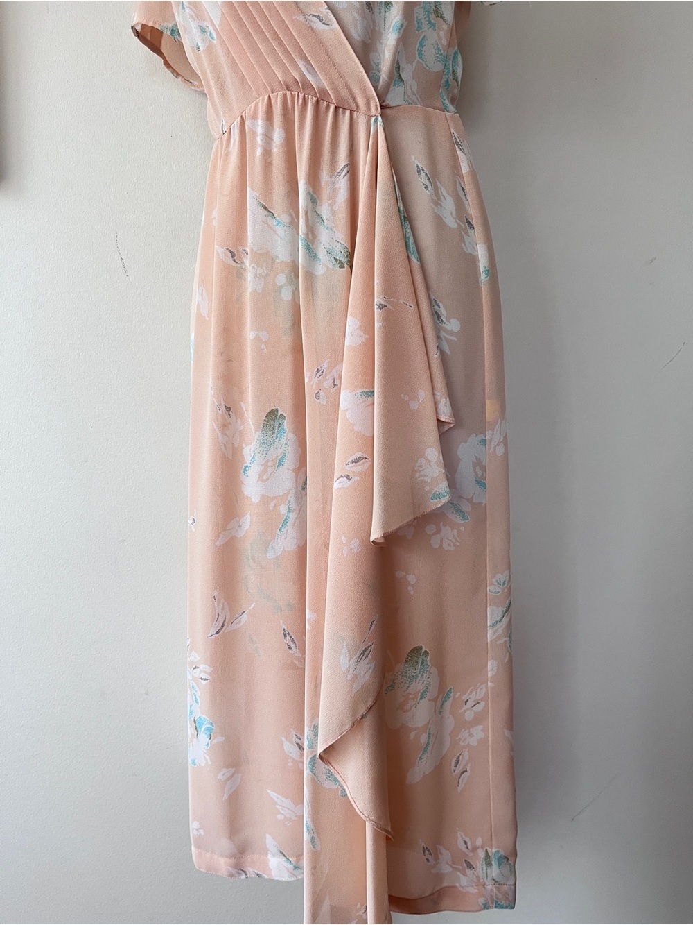 Vintage 40s Peach Floral Crepe Pleated Wrap Midi Feminine Dress Size 6 - Picture 6 of 12